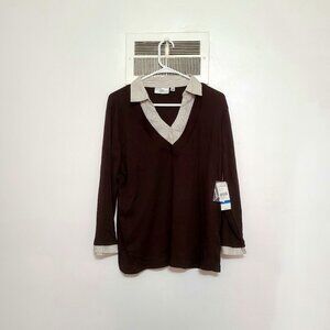 Studio Works XL Brown Corduroy Shirt – V-Neck, Striped Collar, New with Tags